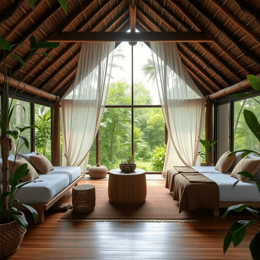 rustic eco-lodge, lush green, uganda, inviting, daylight, clean, minimal, modern style