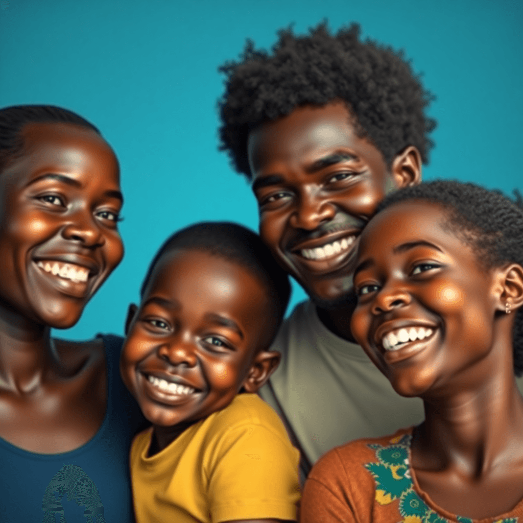 happy ugandan family, modern digital art, blue background, soft lighting, smiling, community