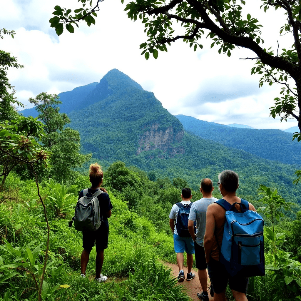 guided nature walk, uganda, lush, group of tourists, mountain, clean, modern photography
